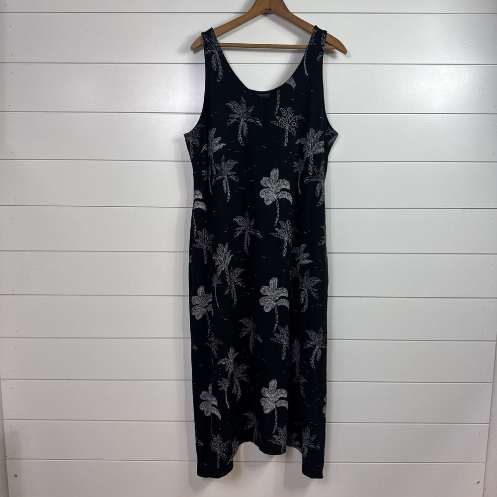 J. Jill Wearever Collection Maxi Dress Sleeveless Black Palm Tree Pattern sz L